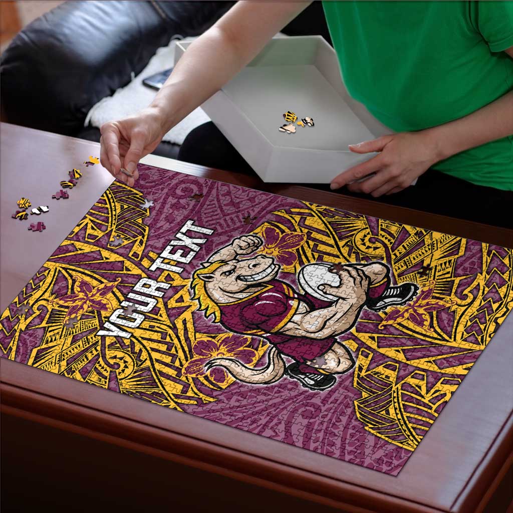Personalised Brisbane Broncos Puzzle Polynesian Tribal Pattern With Rugby Horse Mascot Art