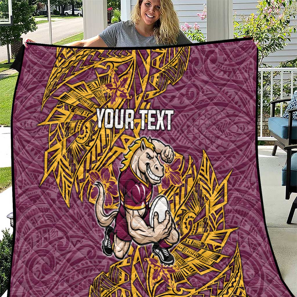 Personalised Brisbane Broncos Quilt Polynesian Tribal Pattern With Rugby Horse Mascot Art