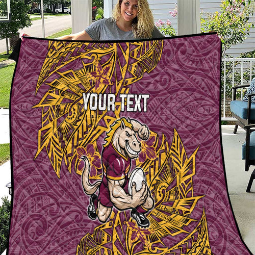 Personalised Brisbane Broncos Quilt Polynesian Tribal Pattern With Rugby Horse Mascot Art