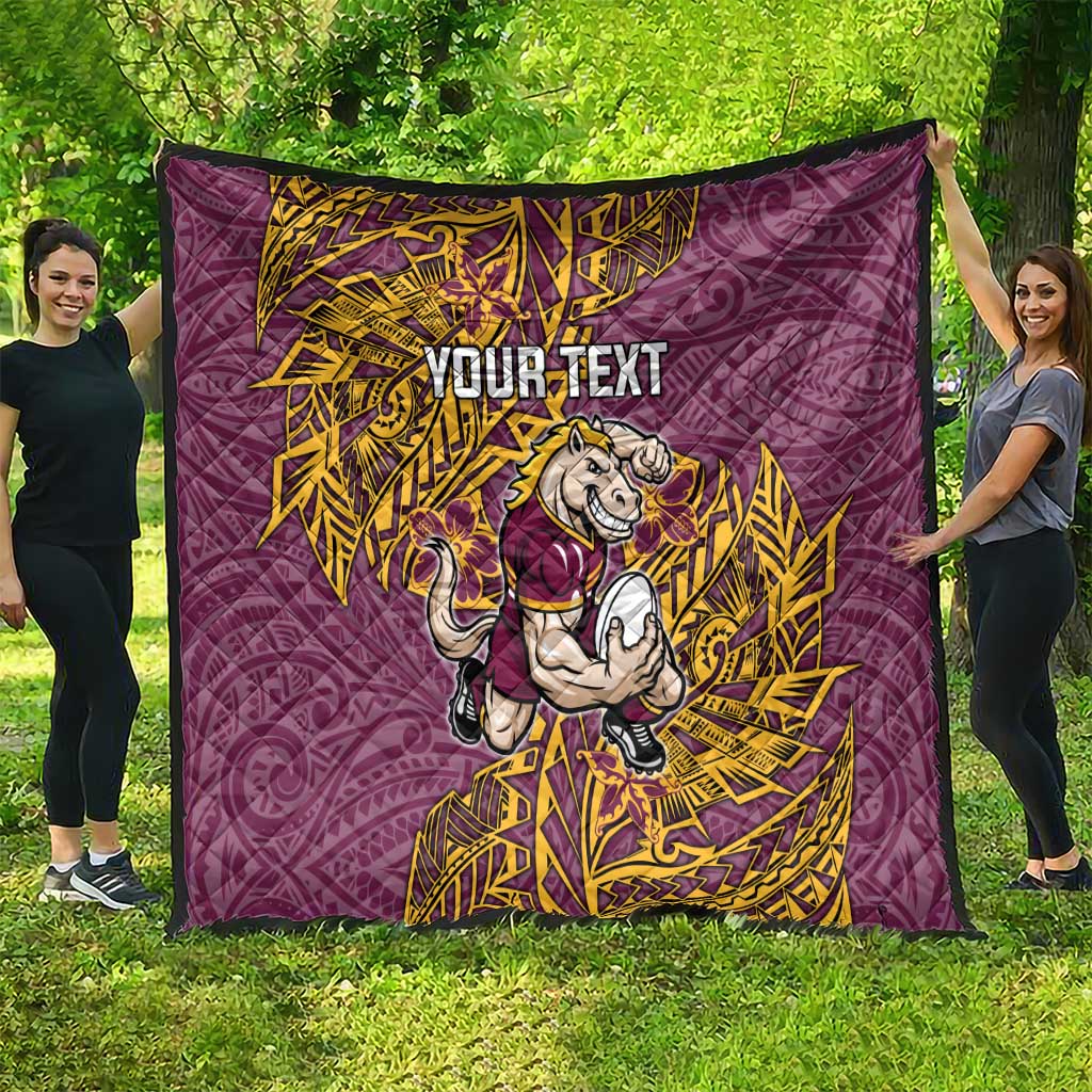 Personalised Brisbane Broncos Quilt Polynesian Tribal Pattern With Rugby Horse Mascot Art
