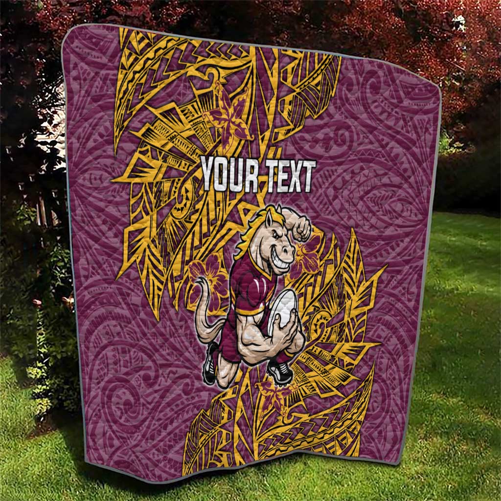 Personalised Brisbane Broncos Quilt Polynesian Tribal Pattern With Rugby Horse Mascot Art