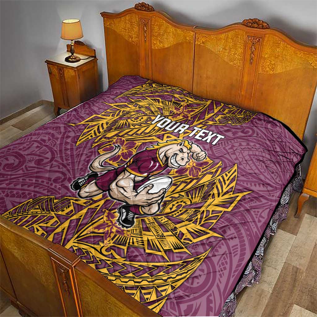 Personalised Brisbane Broncos Quilt Polynesian Tribal Pattern With Rugby Horse Mascot Art