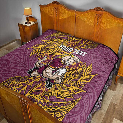 Personalised Brisbane Broncos Quilt Polynesian Tribal Pattern With Rugby Horse Mascot Art