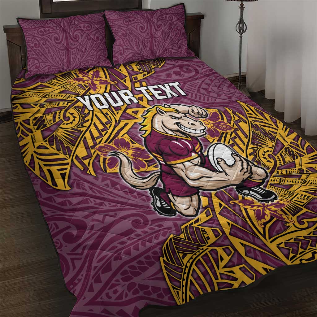 Personalised Brisbane Broncos Quilt Bed Set Polynesian Tribal Pattern With Rugby Horse Mascot Art