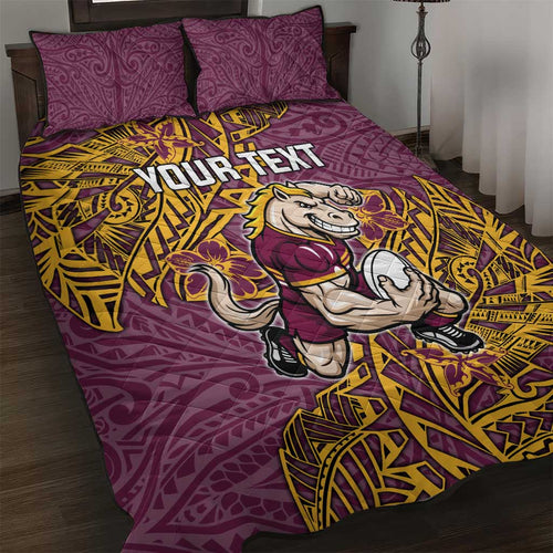 Personalised Brisbane Broncos Quilt Bed Set Polynesian Tribal Pattern With Rugby Horse Mascot Art