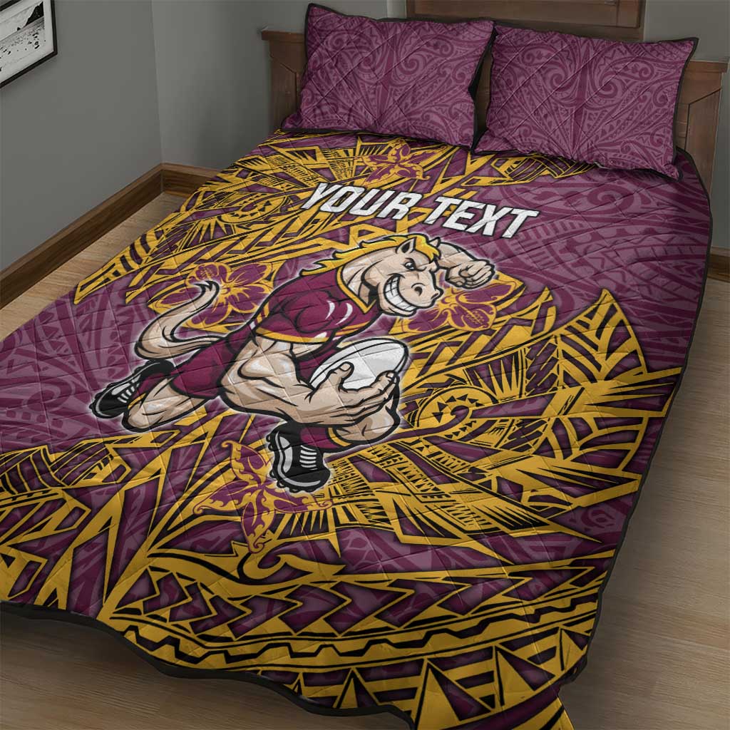 Personalised Brisbane Broncos Quilt Bed Set Polynesian Tribal Pattern With Rugby Horse Mascot Art