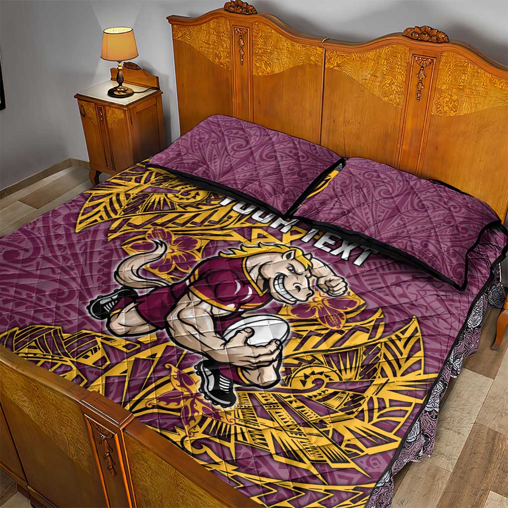 Personalised Brisbane Broncos Quilt Bed Set Polynesian Tribal Pattern With Rugby Horse Mascot Art