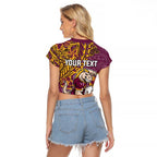 Personalised Brisbane Broncos Raglan Cropped T Shirt Polynesian Tribal Pattern With Rugby Horse Mascot Art
