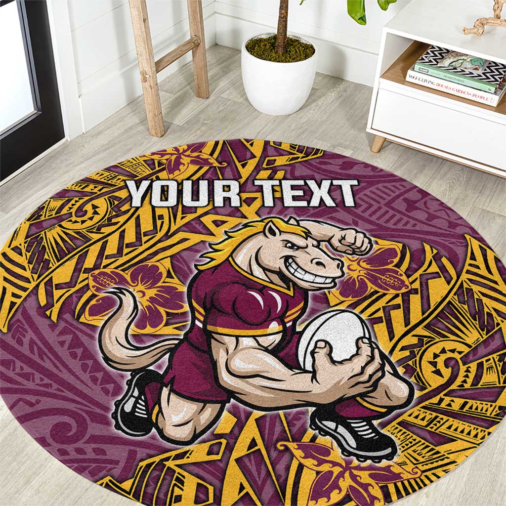Personalised Brisbane Broncos Round Carpet Polynesian Tribal Pattern With Rugby Horse Mascot Art