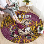 Personalised Brisbane Broncos Round Carpet Polynesian Tribal Pattern With Rugby Horse Mascot Art