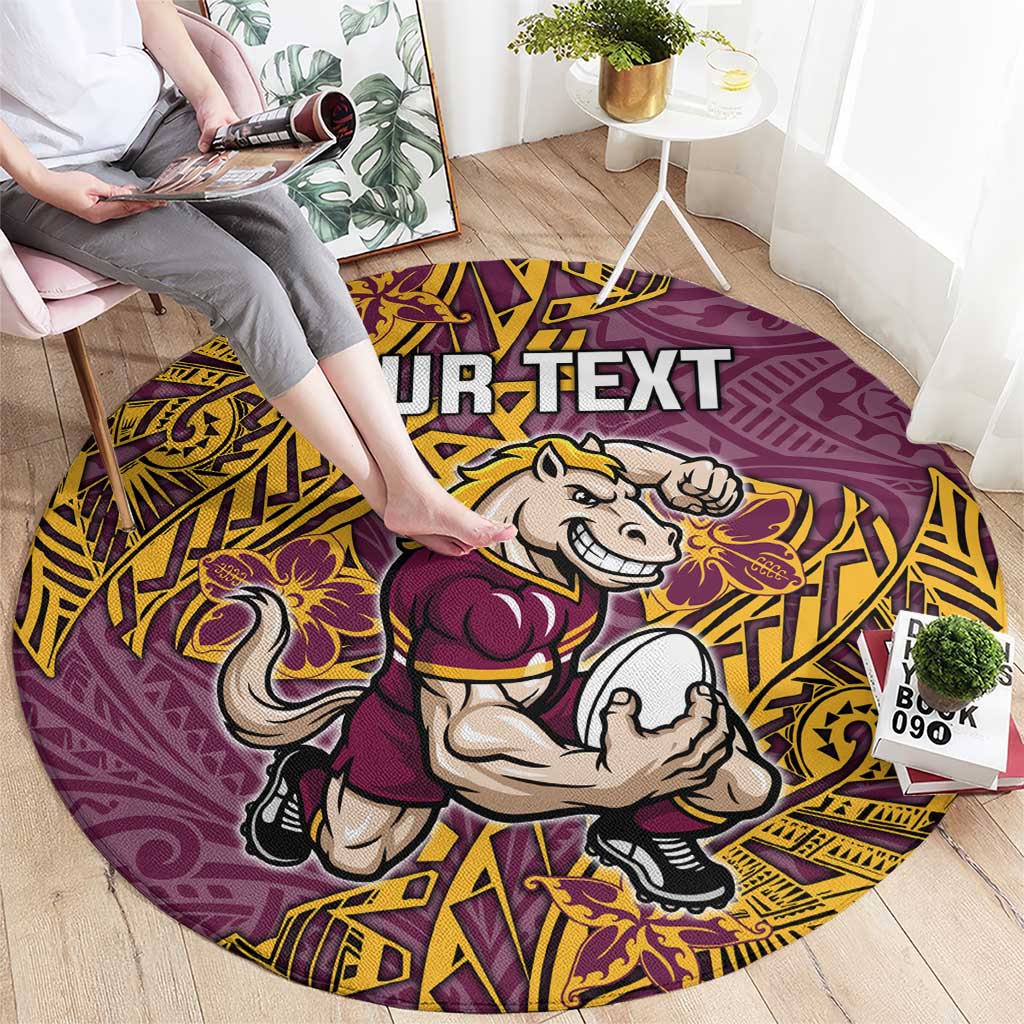 Personalised Brisbane Broncos Round Carpet Polynesian Tribal Pattern With Rugby Horse Mascot Art