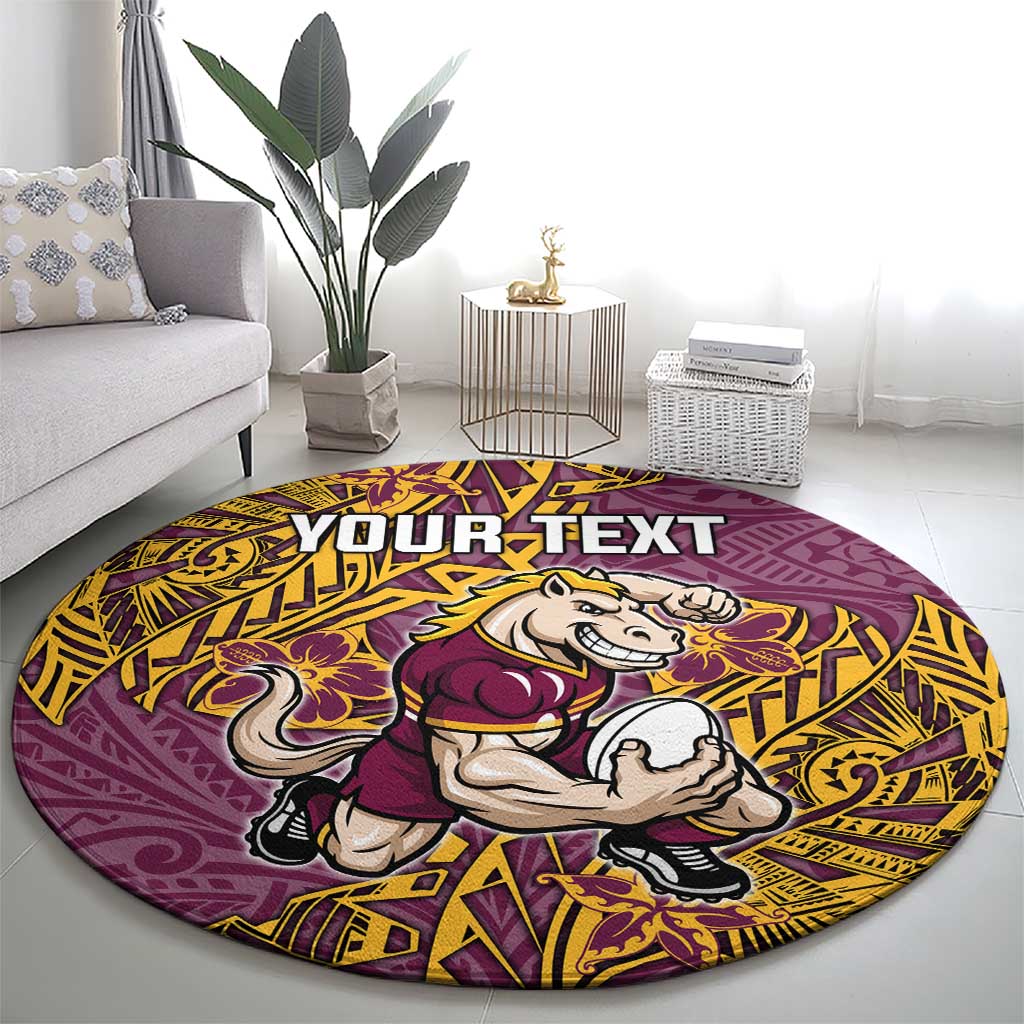 Personalised Brisbane Broncos Round Carpet Polynesian Tribal Pattern With Rugby Horse Mascot Art