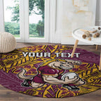 Personalised Brisbane Broncos Round Carpet Polynesian Tribal Pattern With Rugby Horse Mascot Art