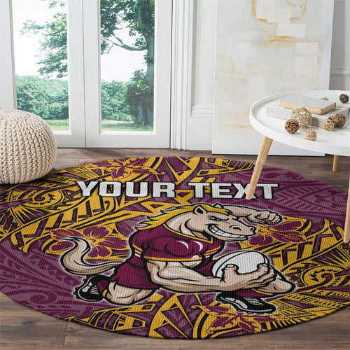 Personalised Brisbane Broncos Round Carpet Polynesian Tribal Pattern With Rugby Horse Mascot Art