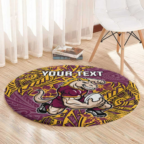 Personalised Brisbane Broncos Round Carpet Polynesian Tribal Pattern With Rugby Horse Mascot Art