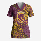 Personalised Brisbane Broncos Scrub Top Polynesian Tribal Pattern With Rugby Horse Mascot Art