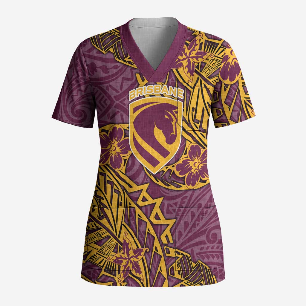 Personalised Brisbane Broncos Scrub Top Polynesian Tribal Pattern With Rugby Horse Mascot Art
