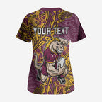 Personalised Brisbane Broncos Scrub Top Polynesian Tribal Pattern With Rugby Horse Mascot Art