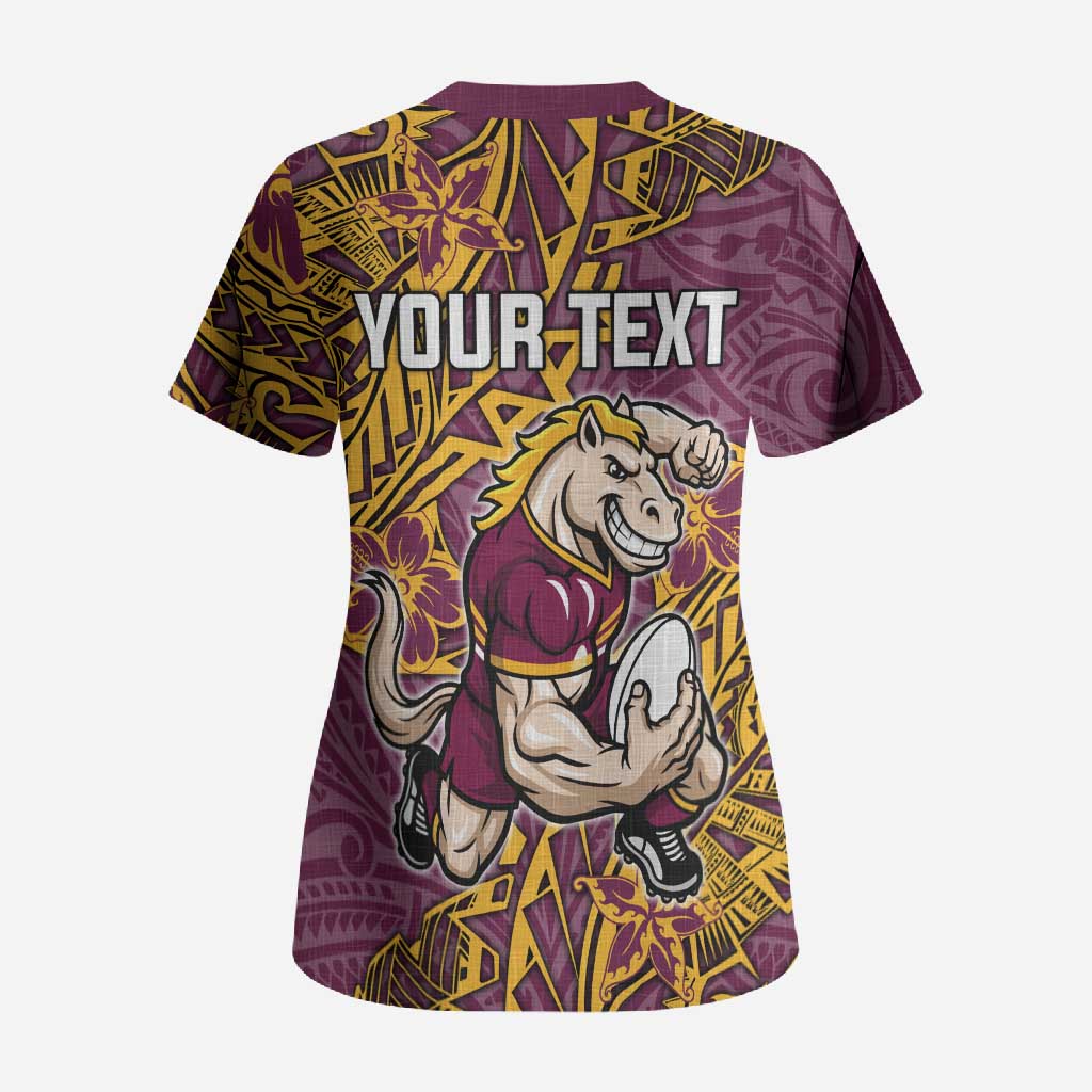 Personalised Brisbane Broncos Scrub Top Polynesian Tribal Pattern With Rugby Horse Mascot Art