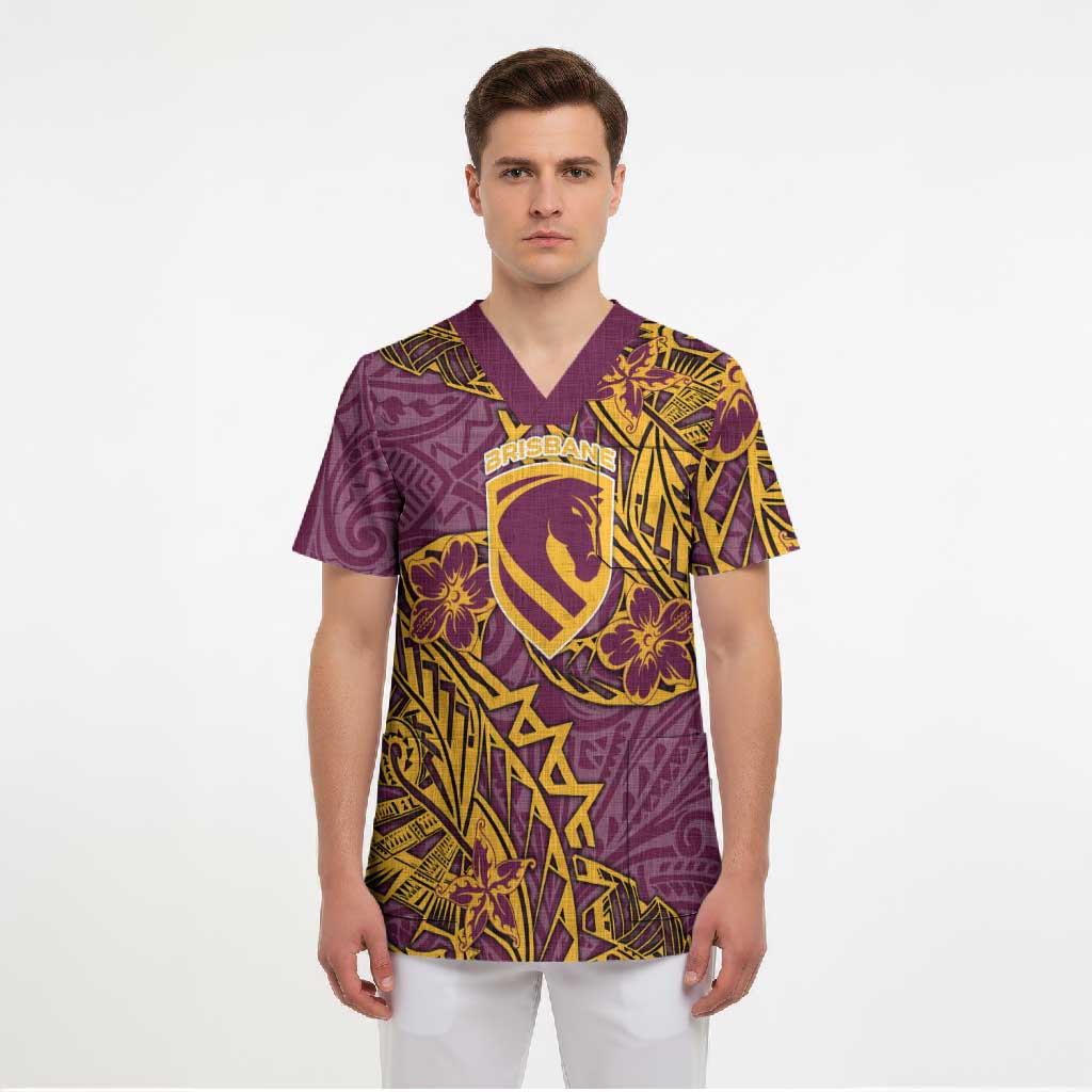 Personalised Brisbane Broncos Scrub Top Polynesian Tribal Pattern With Rugby Horse Mascot Art