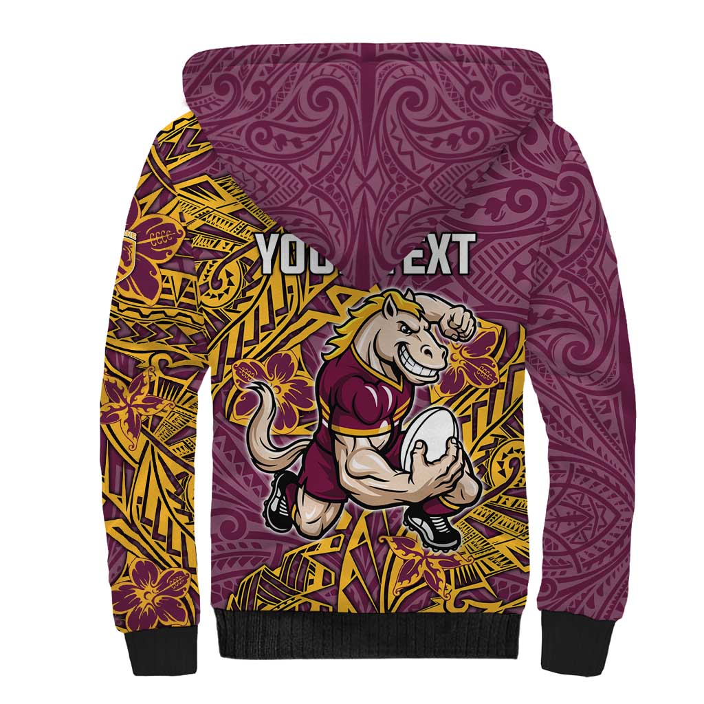 Personalised Brisbane Broncos Sherpa Hoodie Polynesian Tribal Pattern With Rugby Horse Mascot Art
