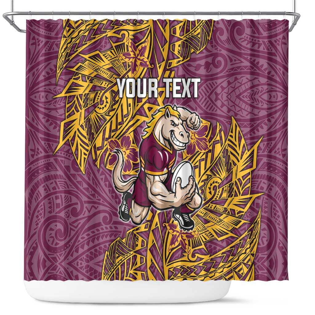 Personalised Brisbane Broncos Shower Curtain Polynesian Tribal Pattern With Rugby Horse Mascot Art