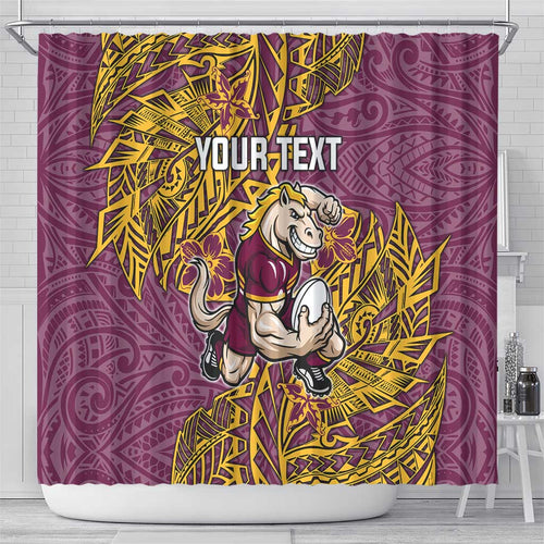 Personalised Brisbane Broncos Shower Curtain Polynesian Tribal Pattern With Rugby Horse Mascot Art