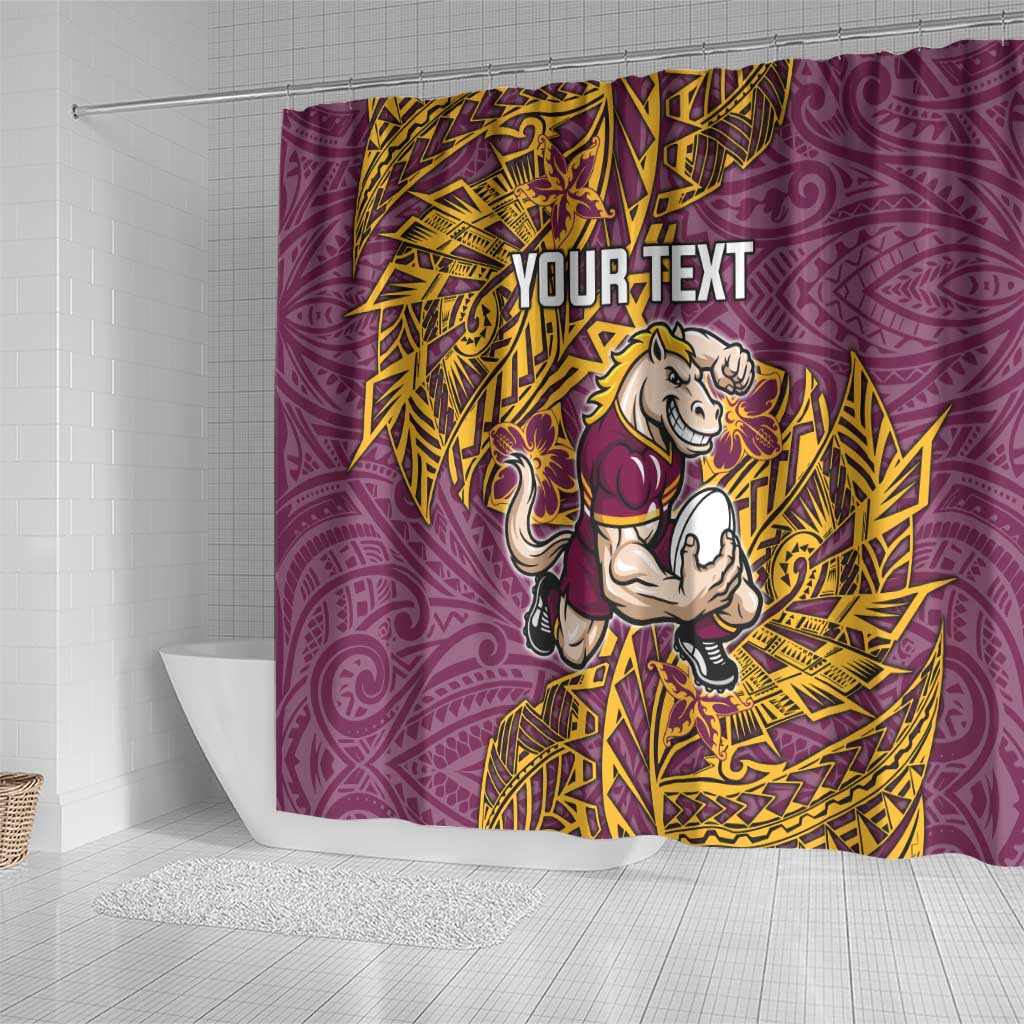 Personalised Brisbane Broncos Shower Curtain Polynesian Tribal Pattern With Rugby Horse Mascot Art