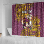 Personalised Brisbane Broncos Shower Curtain Polynesian Tribal Pattern With Rugby Horse Mascot Art