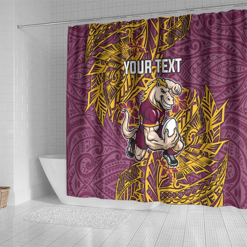 Personalised Brisbane Broncos Shower Curtain Polynesian Tribal Pattern With Rugby Horse Mascot Art
