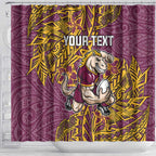 Personalised Brisbane Broncos Shower Curtain Polynesian Tribal Pattern With Rugby Horse Mascot Art