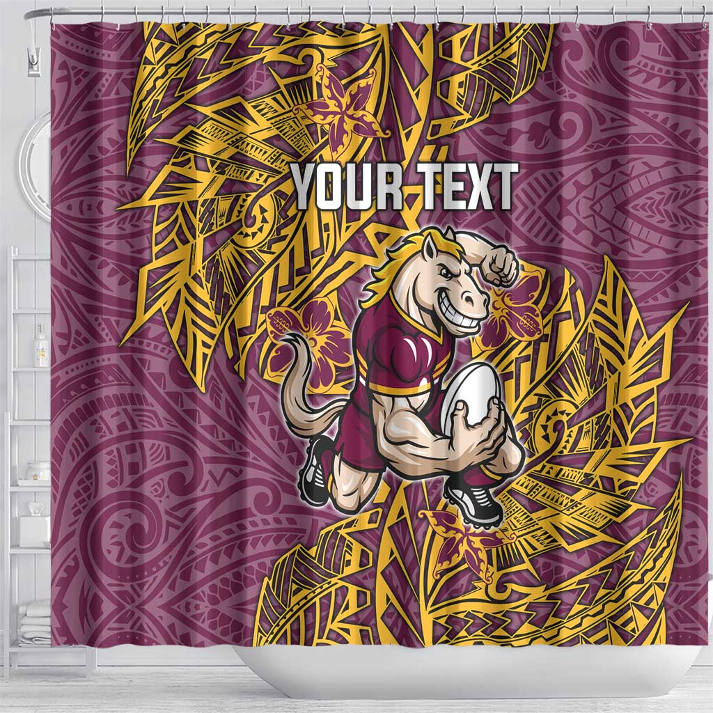 Personalised Brisbane Broncos Shower Curtain Polynesian Tribal Pattern With Rugby Horse Mascot Art