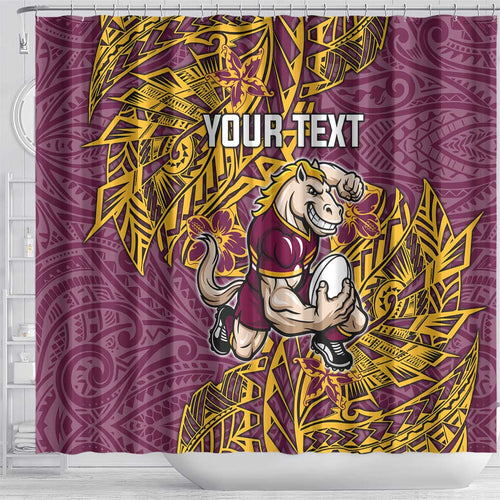 Personalised Brisbane Broncos Shower Curtain Polynesian Tribal Pattern With Rugby Horse Mascot Art