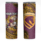 Personalised Brisbane Broncos Skinny Tumbler Polynesian Tribal Pattern With Rugby Horse Mascot Art