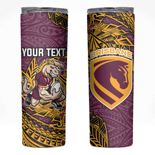 Personalised Brisbane Broncos Skinny Tumbler Polynesian Tribal Pattern With Rugby Horse Mascot Art