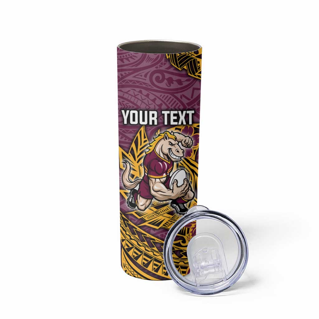 Personalised Brisbane Broncos Skinny Tumbler Polynesian Tribal Pattern With Rugby Horse Mascot Art