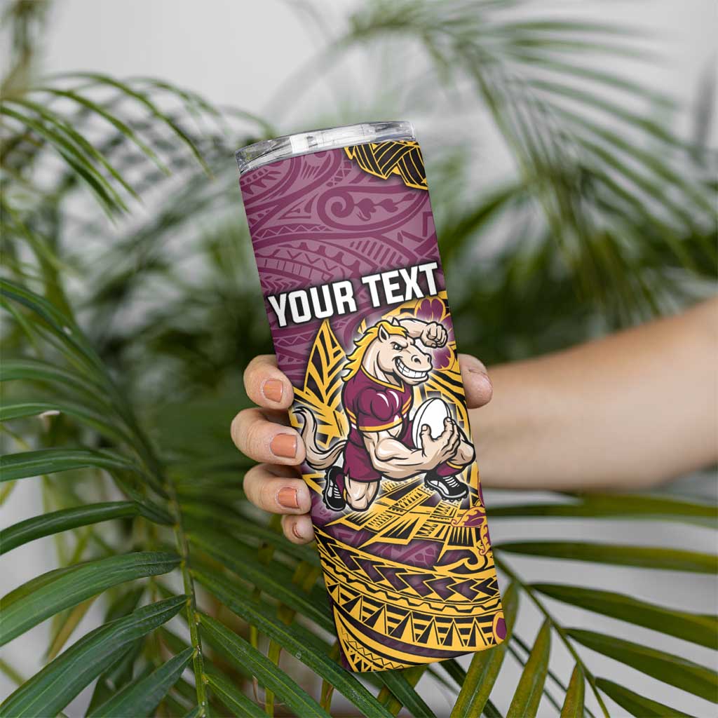 Personalised Brisbane Broncos Skinny Tumbler Polynesian Tribal Pattern With Rugby Horse Mascot Art