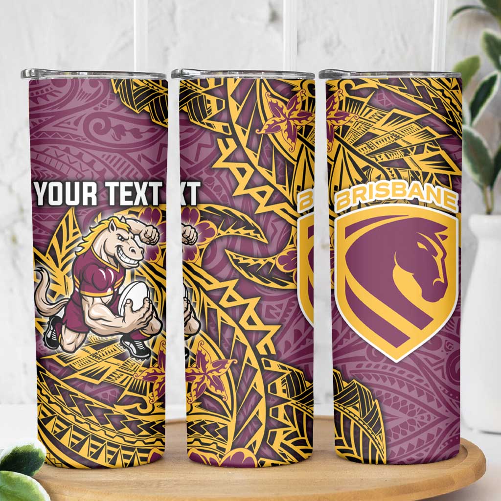 Personalised Brisbane Broncos Skinny Tumbler Polynesian Tribal Pattern With Rugby Horse Mascot Art
