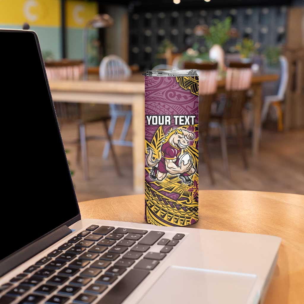 Personalised Brisbane Broncos Skinny Tumbler Polynesian Tribal Pattern With Rugby Horse Mascot Art
