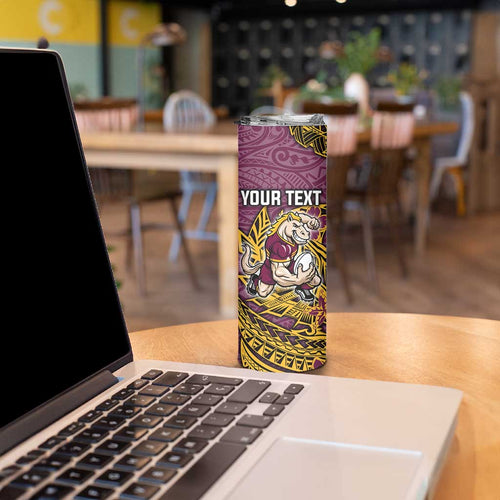 Personalised Brisbane Broncos Skinny Tumbler Polynesian Tribal Pattern With Rugby Horse Mascot Art