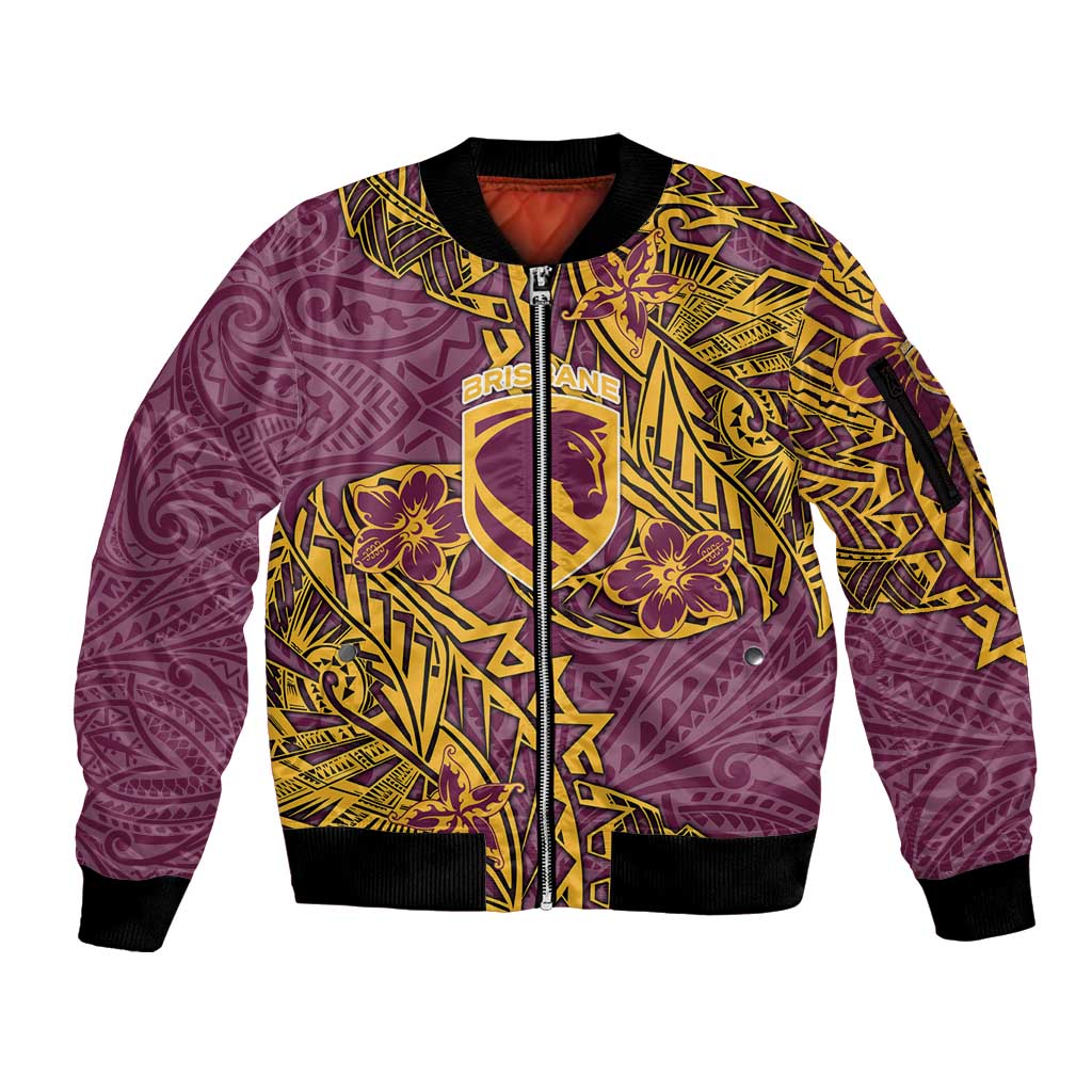 Personalised Brisbane Broncos Sleeve Zip Bomber Jacket Polynesian Tribal Pattern With Rugby Horse Mascot Art