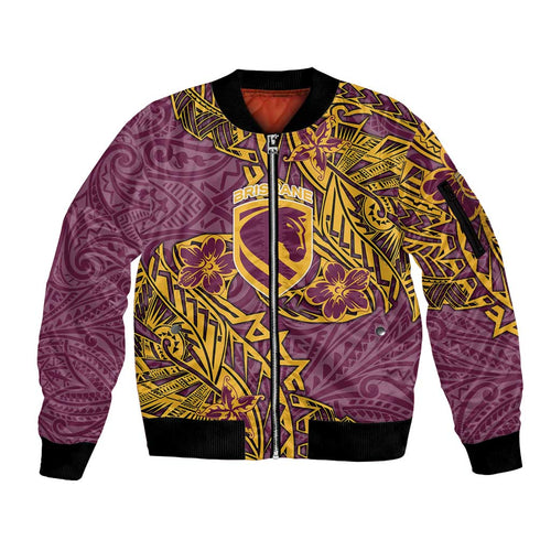 Personalised Brisbane Broncos Sleeve Zip Bomber Jacket Polynesian Tribal Pattern With Rugby Horse Mascot Art