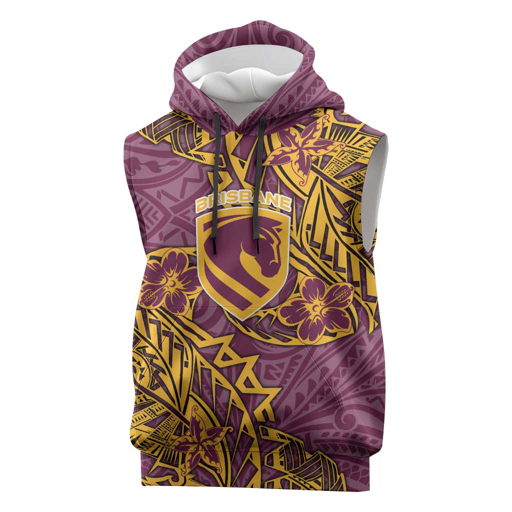Personalised Brisbane Broncos Sleeveless Hoodie Polynesian Tribal Pattern With Rugby Horse Mascot Art