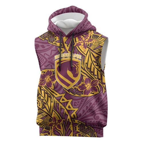 Personalised Brisbane Broncos Sleeveless Hoodie Polynesian Tribal Pattern With Rugby Horse Mascot Art