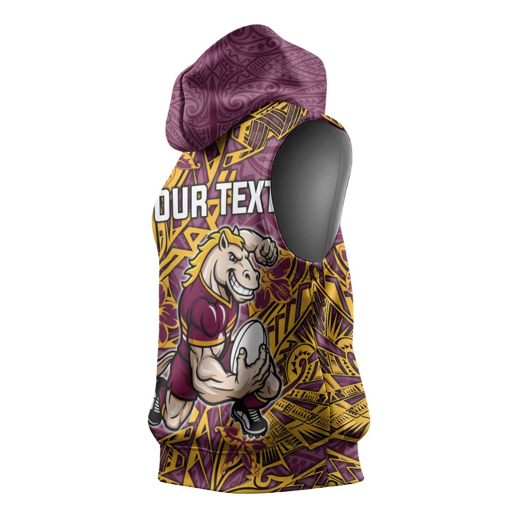 Personalised Brisbane Broncos Sleeveless Hoodie Polynesian Tribal Pattern With Rugby Horse Mascot Art