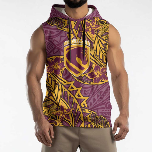 Personalised Brisbane Broncos Sleeveless Hoodie Polynesian Tribal Pattern With Rugby Horse Mascot Art