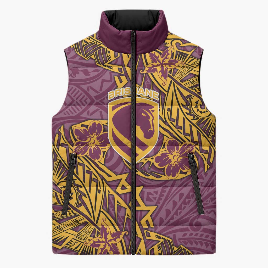 Personalised Brisbane Broncos Sleeveless Puffer Jacket Polynesian Tribal Pattern With Rugby Horse Mascot Art