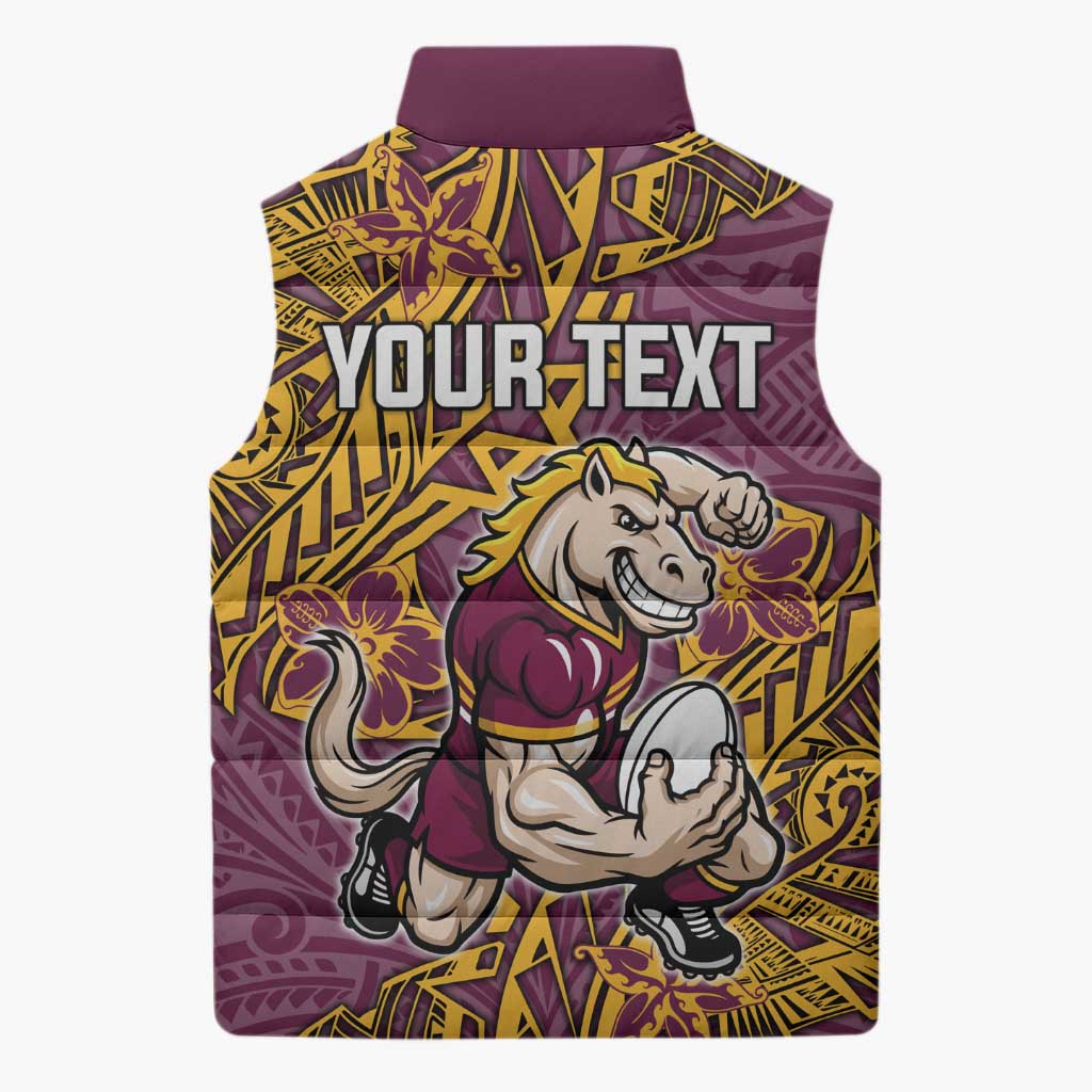 Personalised Brisbane Broncos Sleeveless Puffer Jacket Polynesian Tribal Pattern With Rugby Horse Mascot Art