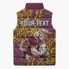 Personalised Brisbane Broncos Sleeveless Puffer Jacket Polynesian Tribal Pattern With Rugby Horse Mascot Art