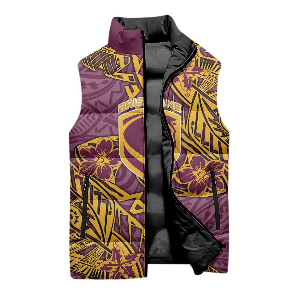 Personalised Brisbane Broncos Sleeveless Puffer Jacket Polynesian Tribal Pattern With Rugby Horse Mascot Art